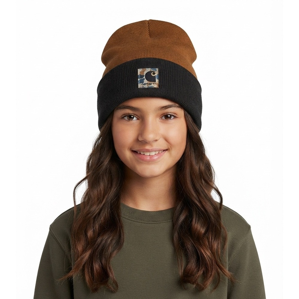 Carhartt Beanie Brown Black Camo Patch Knit Hat AH8984 - Youth OSFM